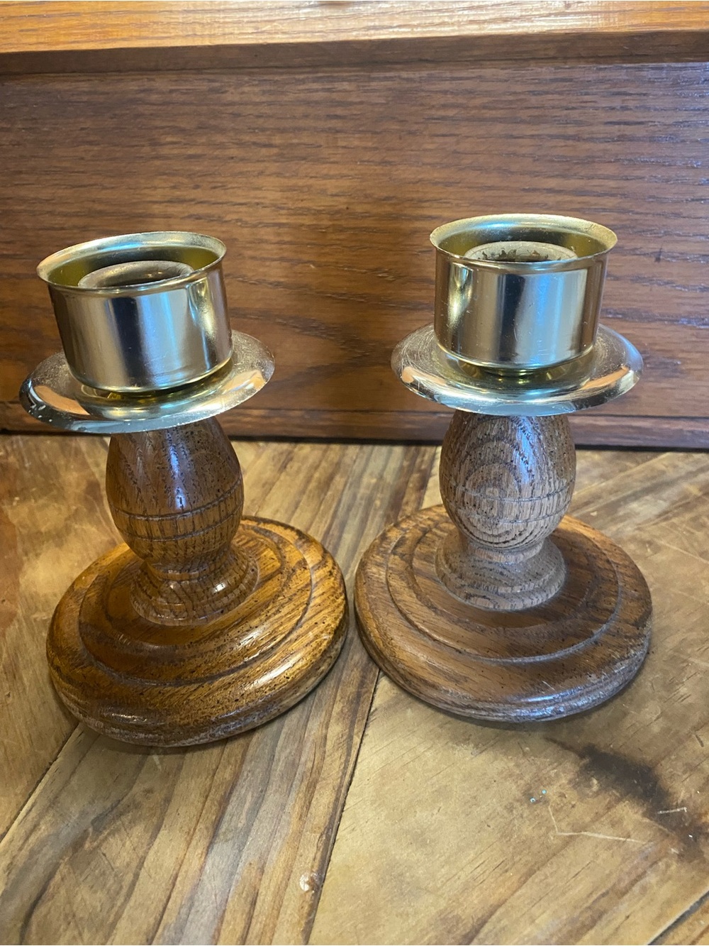 Vintage Wooden and Brass Taper Candle Holders - Pair